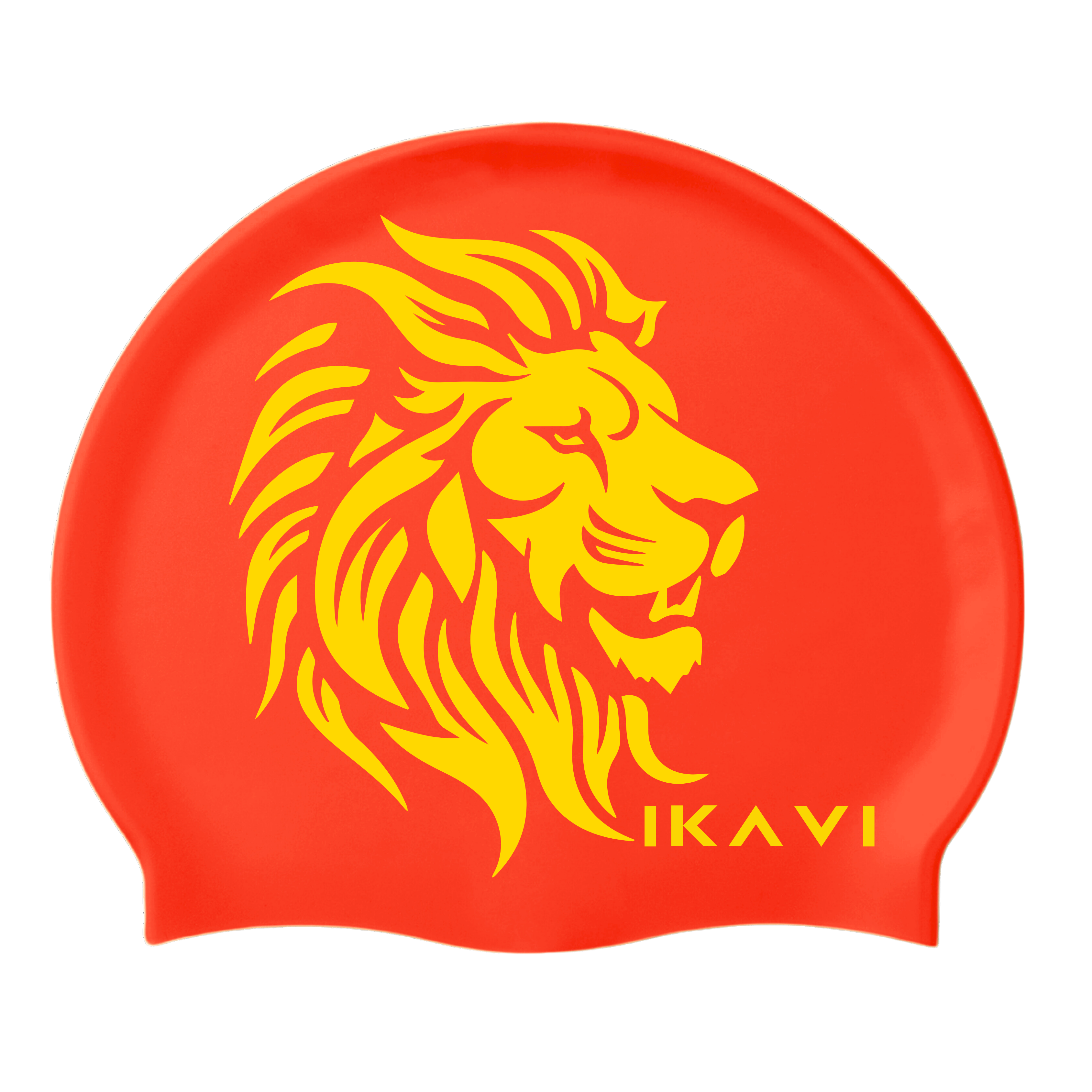 IKAVI Yellow-Red Lion Printed Silicone Sea and Pool Cap