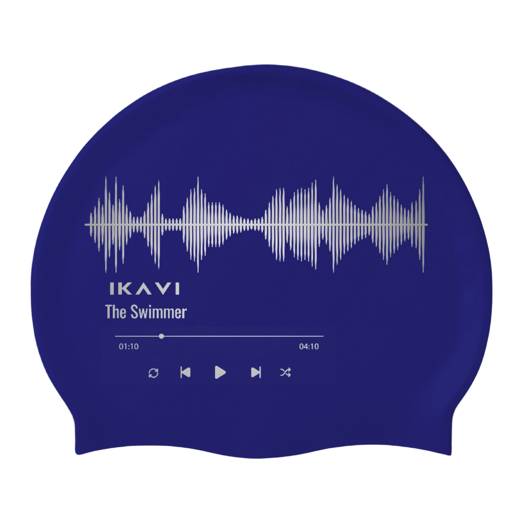 IKAVI Music Printed “The Swimmer” Silicone Sea and Pool Cap-Night Blue